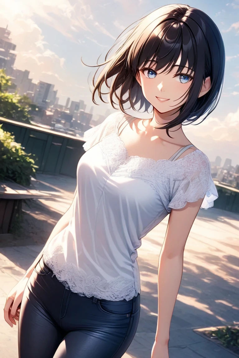 Black-haired beauty, A gentle smile and pale blue eyes, I'm looking at an angle and looking at me, wearing a white blouse and tight jeans, Sakura Fubuki