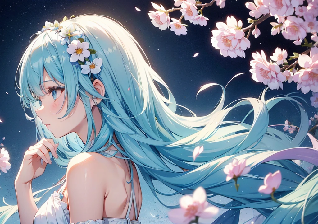 (masterpiece, best quality), 1 elven girl, ( bear whole of body, nipples), (bare lower half of body), (light blue hair, twin tails ,very long hair is fluttering in the wind), hair between eyes, multi colored hair,hair flower ornament , bare body , closed mouth, standing, closed eyes, flower, large breast ,sky, hair flower, hair bun, blurry, from side, hands up, profile, night, floating hair, depth of field, pink rose, moon, crescent, aqua flower, butterfly, star (sky), night sky, starry sky, red rose, blurry foreground, planet