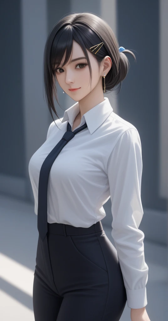 Woman in crop top button shirt, neck tie, suit, business , pen in a pocket, showing abdomen area