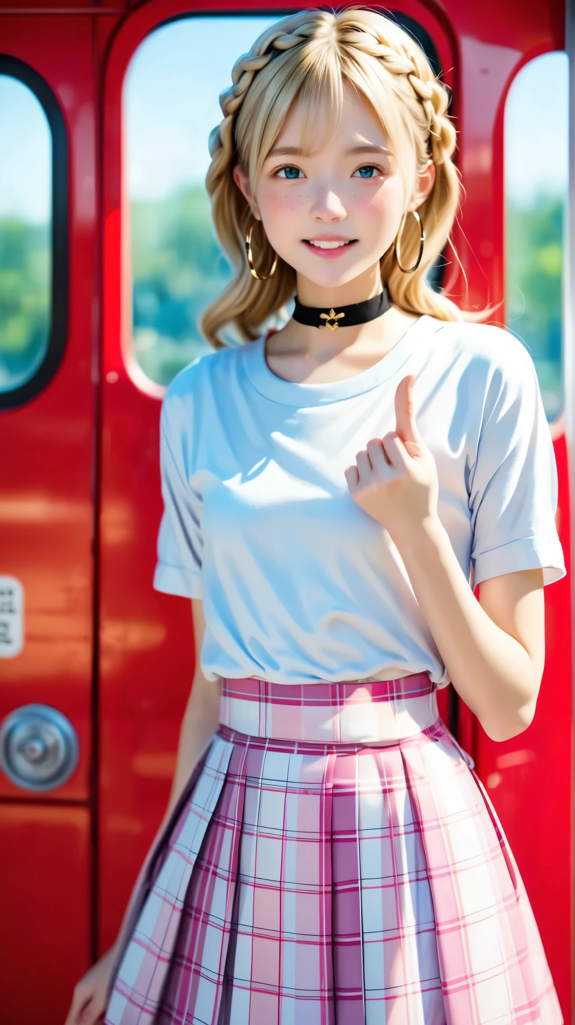 1 girl, Sexy Girl, braids, cute face, Nice, cute, , face, White Skin on a Streetcar , freckles, blonde French braids , Very real face, without makeup, no expression, staring at the camera, Thin thighs, body, , innocent looks in the summer heat , like々しいface, " thank you" pink plaid mini skirt written in front of the entrance , white t shirt, black choker, BIG HOOP EARRINGS , pinkの格子柄のミニスカート, the color of the room is pink and white , Behind the arm, small , chest, small , シャイNiceキン , (eyes pointing sideways), high accuracy, Great Job,vitreous luster , Blues, purple , pink, Best Quality Best, シャイNiceキン , background, カラフルなbackground, 青いbackground, pinkbackground, 紫色background, deep neckline, Sexy Poses, dynamic poses, faceの紅潮 , small breasts