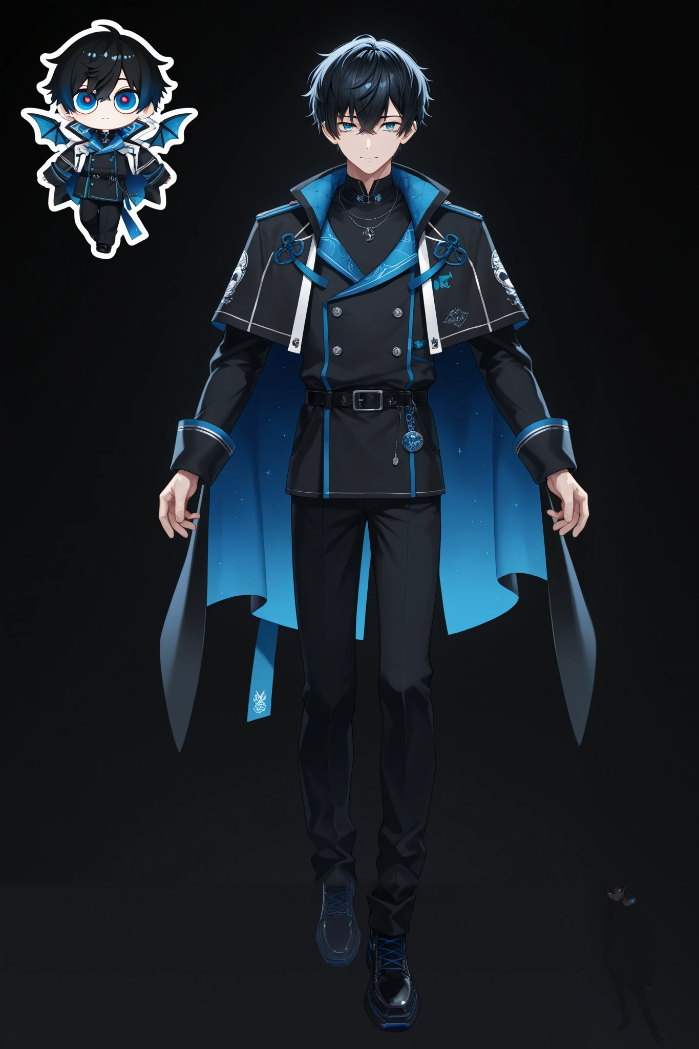 Ultra Fine, very detailed, 1 man,Age 30. black hair, Blue Eyes, shining eyes、Dragon's Eye 、big eyes、Virtual YouTuber Outfits、simple black background, character design drawing, {{full body}}