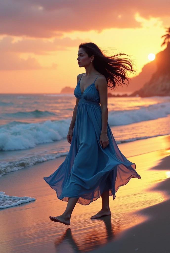 (masterpiece, top quality, best quality, photorealistic, official art, beautiful and aesthetic:1.2), (blue coast:1.5), A woman walking on the beach near the water, looking out to sea, a very strong tailwind blowing strongly, long hair and clothes heavily disheveled, hair blows in the face, hair covers the face, a beautiful silhouette, beautiful blue coast, HDR,bokeh,,fine art photography.