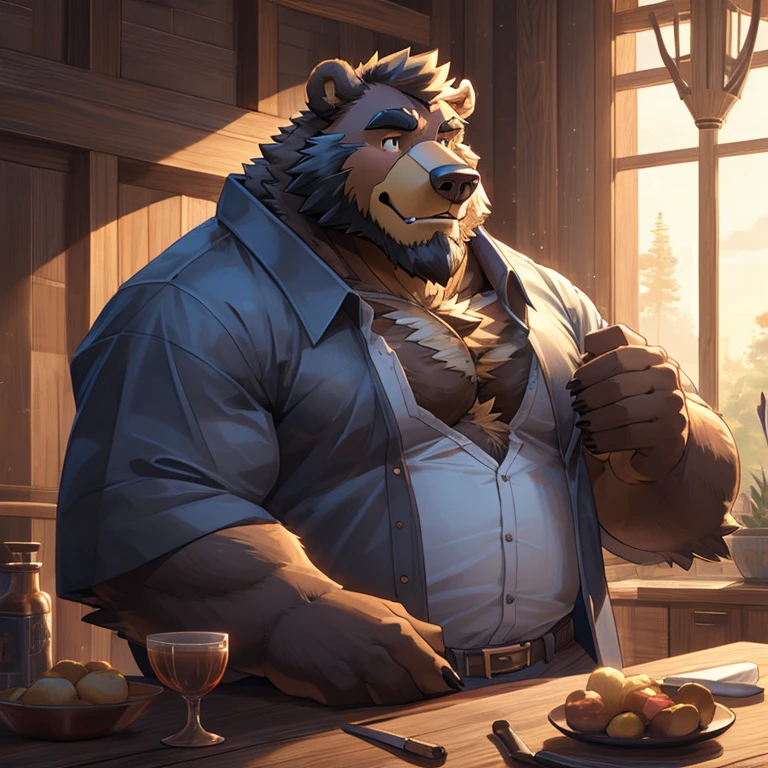 indong, lucusold, lanxus, a teenager guy with a muscle, furry deer wearing ((thight buttoned up lumberjack shirt :1.2)), big moose antlers, human face, bulge, bar, bartender, fit, ((shy, blushed cheeks :1.3)), bearded , no fat, danbooru and artstation, heavy detailed, handsome, commission for high res, detailed but rough, semirealistic:1.3