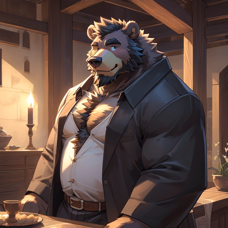 (Extremely detailed),Be focused,Delicate eyes,,Brown eyes furry,(Black and white fur), black beard,Black Hair,human nature (Bear:1.3), male, Middle-aged and elderly people, Brown body, White belly, muscular ,(Crotch bulge),Extremely detailed face,(Messy 1.4),(best quality), (masterpiece), High Detail,high quality,high resolution,16K,close up,(Wear only white),(CEO's office:1.3),Majestic appearance,Overlooking,(Brown fur:1.3),(Ordinary clothing),((Suit)),Kneeling,Saliva around mouth