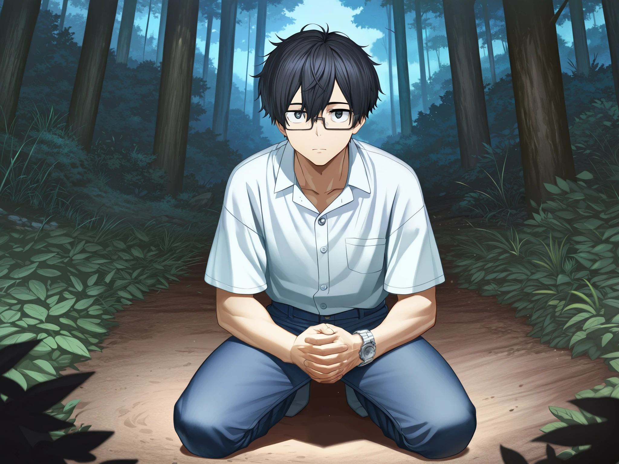 A close-up of Taku, a mid-20s Japanese man with sharp, intelligent eyes and slightly disheveled black hair. He is kneeling in a forest during the day, staring in wonder at a mysterious silver watch clasped in his hands. There is some dirt on his hands and knees.
Taku character description: A Japanese man in his mid-20s. He has short dark hair, a medium build, and rectangular glasses. He is wearing sturdy blue jeans and a light blue short-sleeved button-up shirt.

Clean line art illustration style.