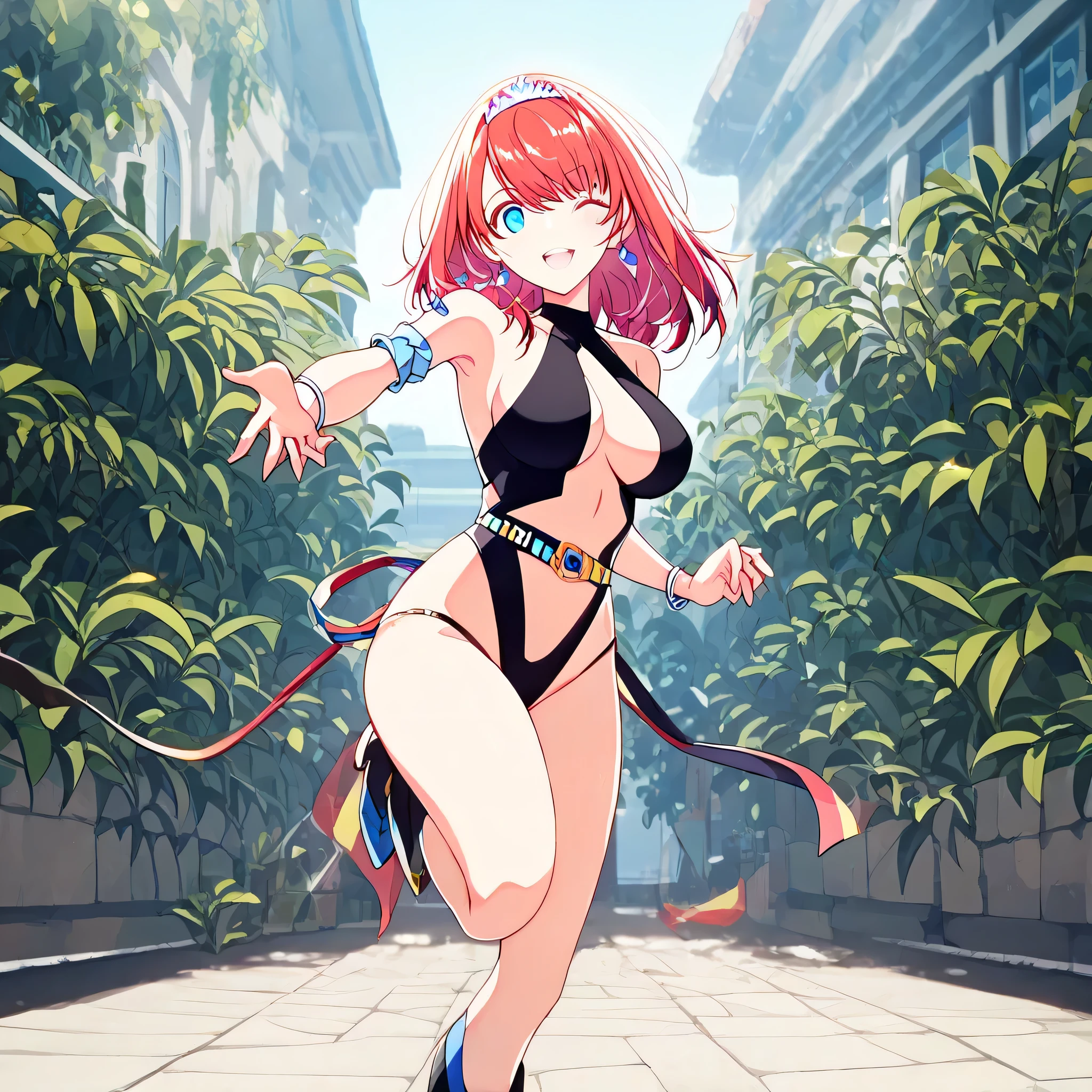 ((Masterpiece))), (((Best Quality))), ((Super Detail)), ultra-High resolution, score_9,score_8_up,score_7_up,score_6_up,score_5_up,score_4_up, BREAK, source_anime, anime screencap, uncensored, rating_explicit, Masterpiece, (best shadow), (absurdres), (detailed background), (very aesthetic), shiny, detailed beautiful eyes, outstanding, countershading, detailed soft lighting, an exquisite animation illustration, curvy, dark persona, empty eyes, expressionless, blank eyes, looking at viewer, full body, emotionless, Fighting Stance, horizontal pupils, (((black leotard, clothing cutout))), high heel boots, knee boots, circlet, armlet, bracelet, belt, halterneck, (((solo, 1girl))), hair ornament, seductive pose, submissive pose, jptiara2, medium hair, short hair, blue eyes, red hair, tiara, earrings, jewelry, medium breast, garden background, plant background, leg up, one eye closed, tiarido6 underbust, reaching towards viewer, open hand, light blush, looking at viewer, standing on one leg, grin, open mouth, outdoors,