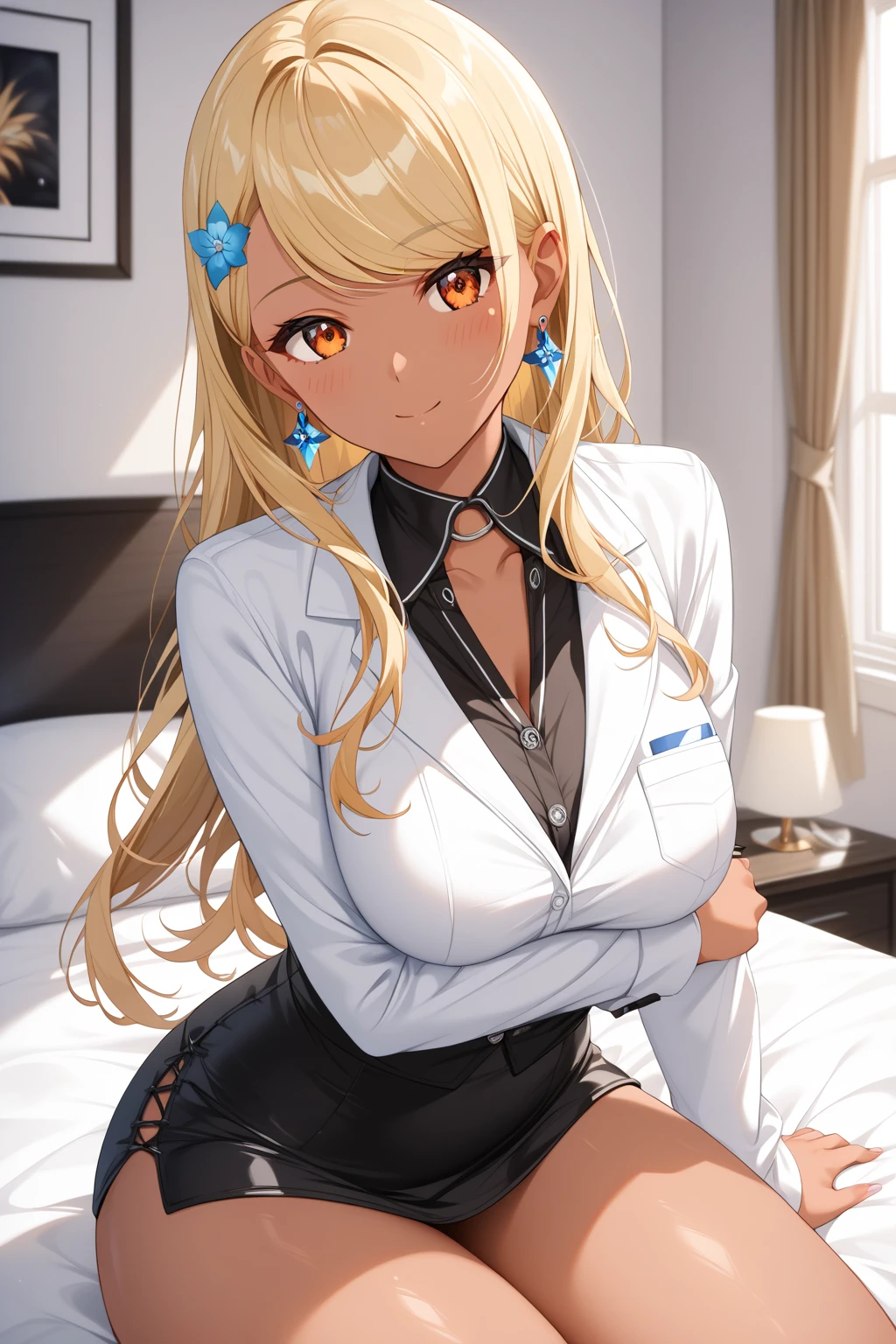 1 girl,alone,living room,original,straight long hair,blonde,green eyes, white bodysuit,open collar,expose the neck and chest,in the bedroom,Relief surface,at night,SF,super detailed,sharp focus,(highest quality)