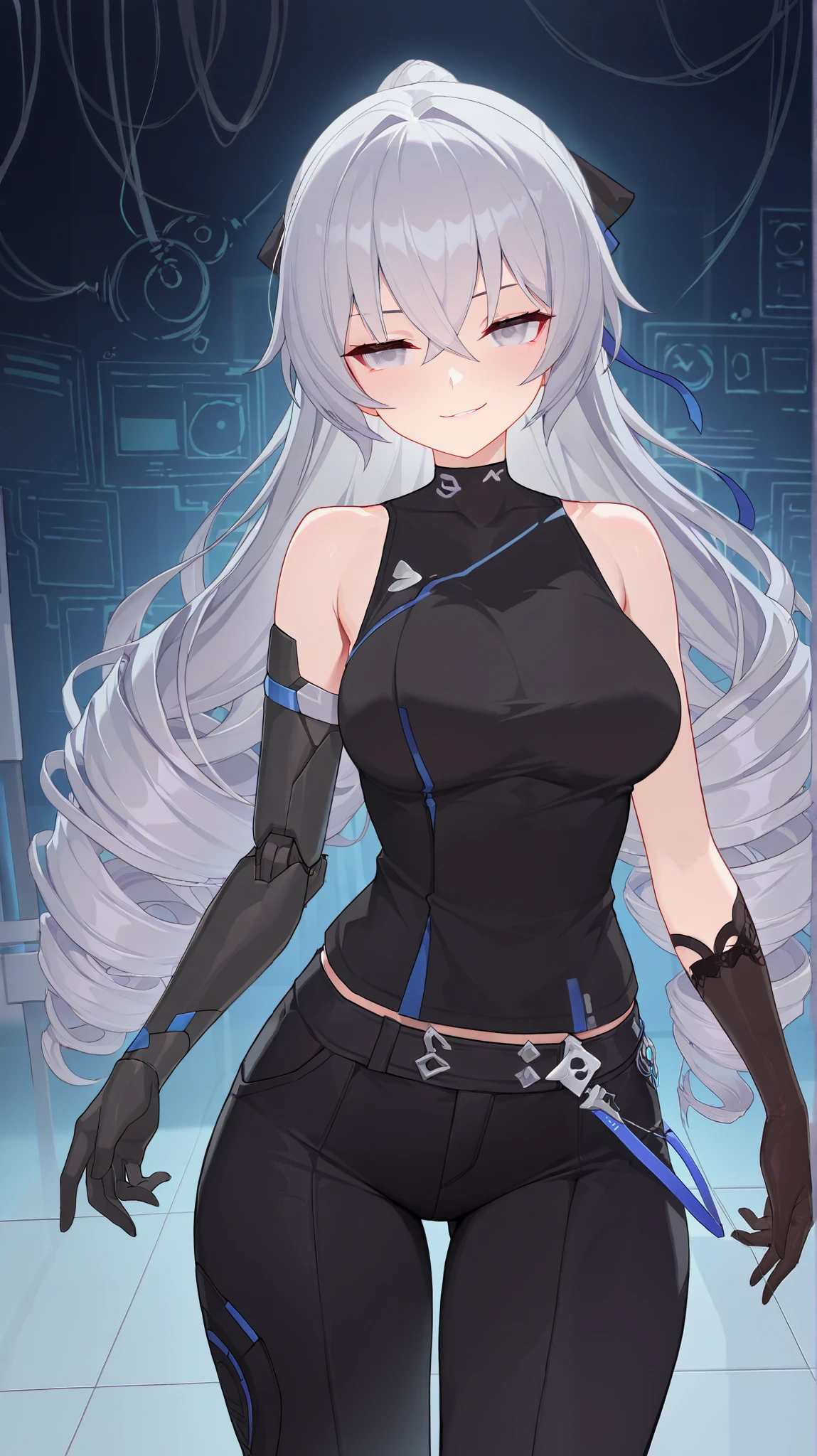 absurdres, (((HD))), (((Ultra High Quality))), ((hyper detailed)), ((Ultra High Resolution)), (Highly rendered), ((detailed eyes)), (((8K))), ((perfect face)), ((masterpiece)), 1girl, tall, silver hair, drill hair, silver eyes, smirk, blunt bangs, Bronya, medium breasts, cybernetic limbs, black shirt, sleeveless, black gloves, black pants, lab background