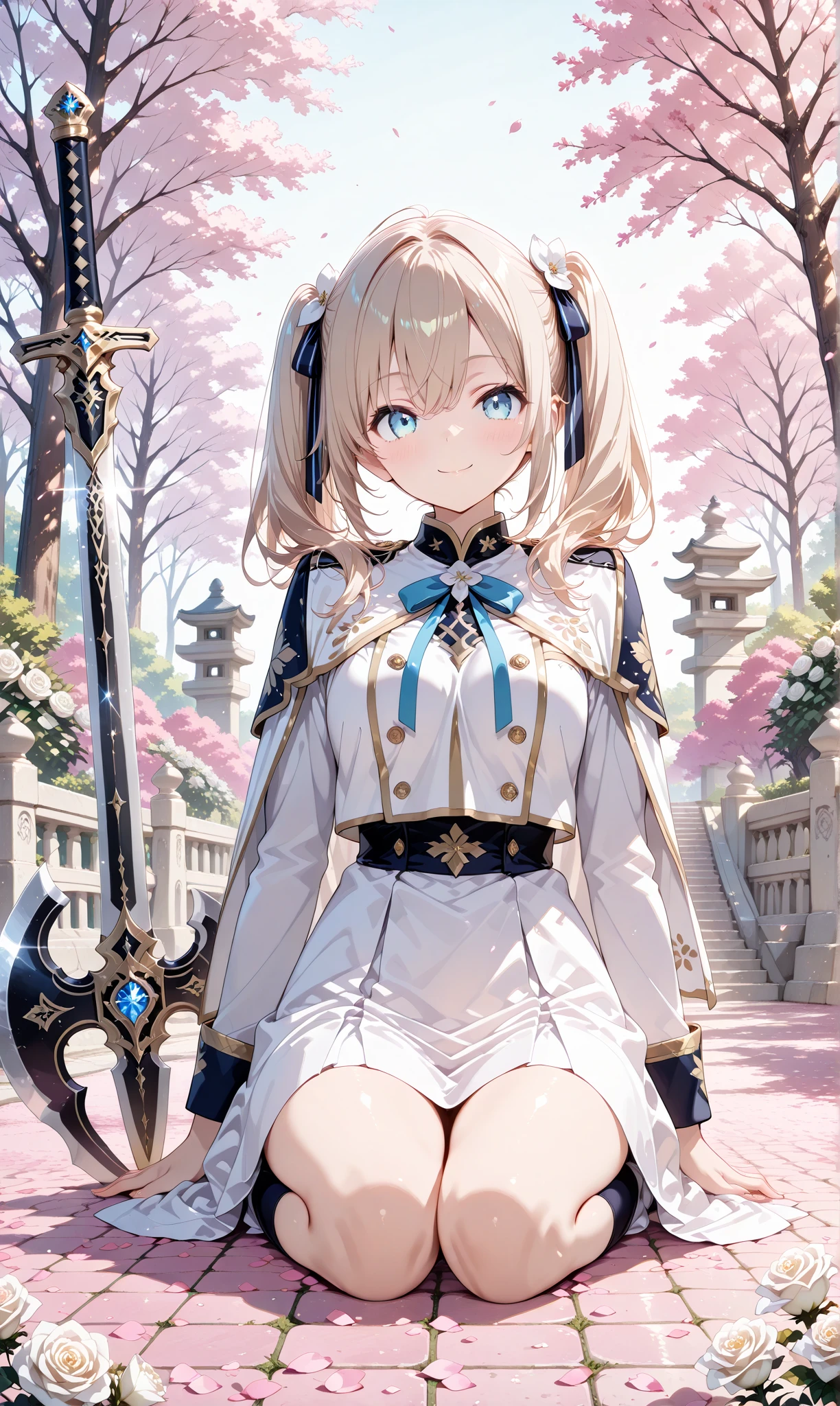 Anime girl sitting on a chair with a sword and bow, anime goddess, Seductive Anime Girl, Cute anime waifu in a nice dress, azur lane style, loli in dress, Fine details. girls' frontline, Anime girl cosplay, Beautiful anime girl, from girls frontline, small curvy loli, pretty anime girl, from the azur lane videogame