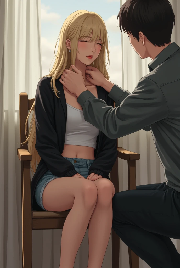 A front view image featuring a real blonde girlwith cross necklace sitting on a chair wearing a short dress. While a man sitting down near her.She is reading a black book with while a man sitting on floor between the legs of the girl and he is touching pubis of girl