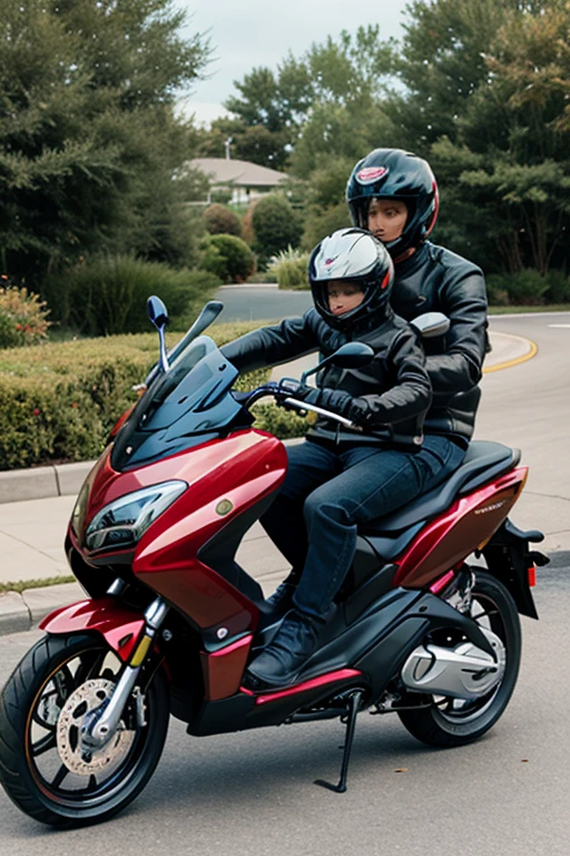 A father drives an electric motorcycle, in the company of his little son, the carries a backpack and travels happily back to school