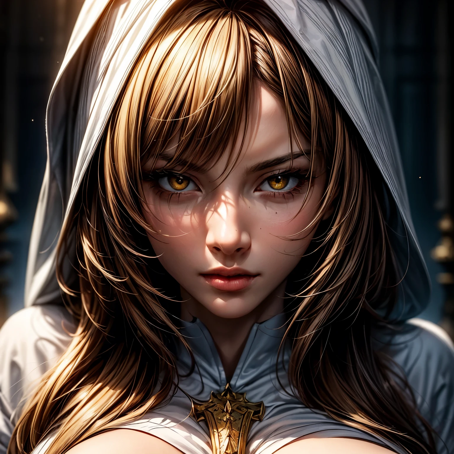 ((best quality)), ((Masterpiece)), ((Enrich the picture,Masterpiece level quality)), golden hair, long hair, very big breasts, golden eyes, fierce woman, ultra eyes details, best quality, RAW 4K, Realistically, ( cinematic lighting, moody, textile shading), perfect proportions, ultra detailed, volumetric lighting, soft lighting, glossy skin, beautiful face, Special face details, strong emotions, elegant gesture, Detailed facial features, Long eyelashes, contrast, Incredible atmosphere, Fascinating setting, Haunting beauty , priestess , (white revealing robe , gold trim) , (white hood:1 . 2),