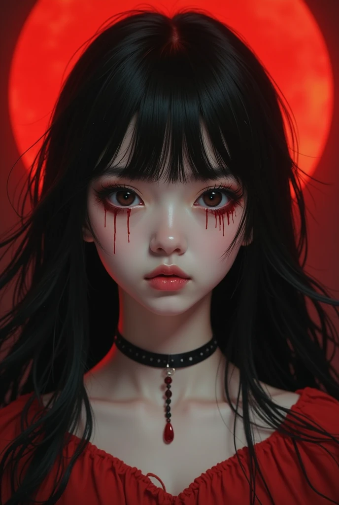 (masterpiece, best quality:1.2), cover image, splashed color background, highly detailed, colorful black, 1 girl, long silver hair, red eyes, short hair, blunt bangs, mannequin, cool face, ((( white clothes))), illustration, horror art, dread, creepy, blood, blood eyes, gore,