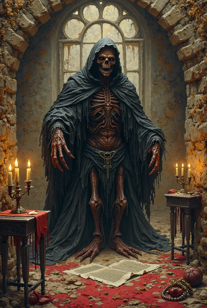 (dark), Photographic ambient lighting, A mummy wearing a red hooded robe worn with golden borders with magical writings, mummy with red hooded cloak, floating