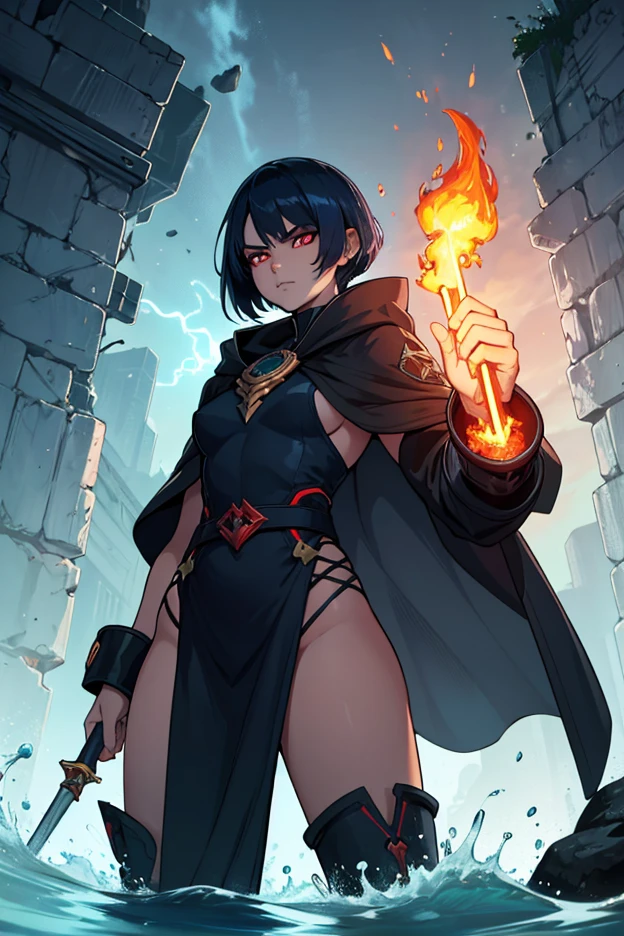 highly detailed, masterpiece, best quality, correct hands, small breasts, short black hair, blue eyes, black robes, black pants, no shirt, defined curves, smug smile, blushing, mountain background, storm, lightning, floating, stormy atmosphere, surrounded by lightning, flying, off the ground