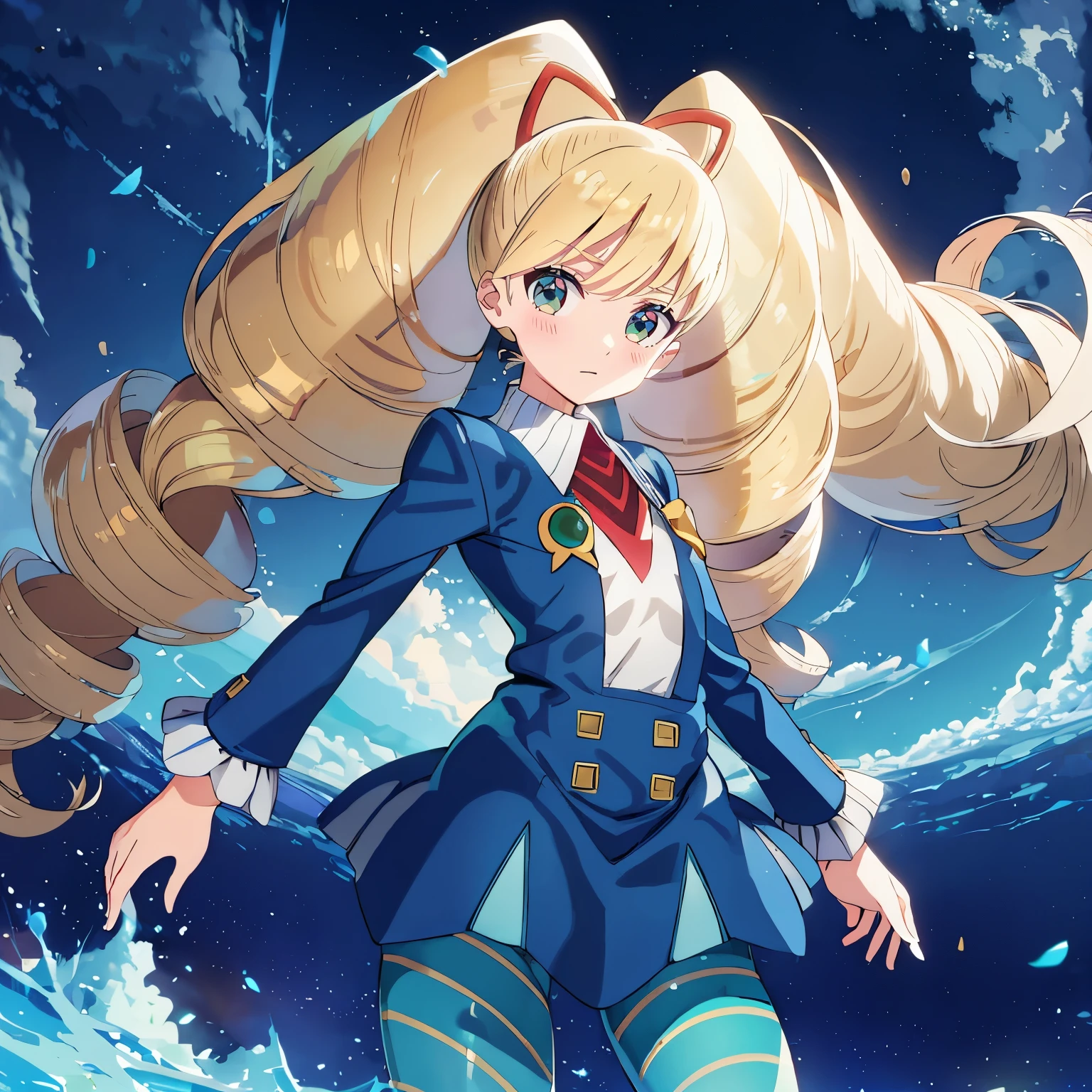 twintails,twin drills,dress,blue pantyhose,striped pantyhose