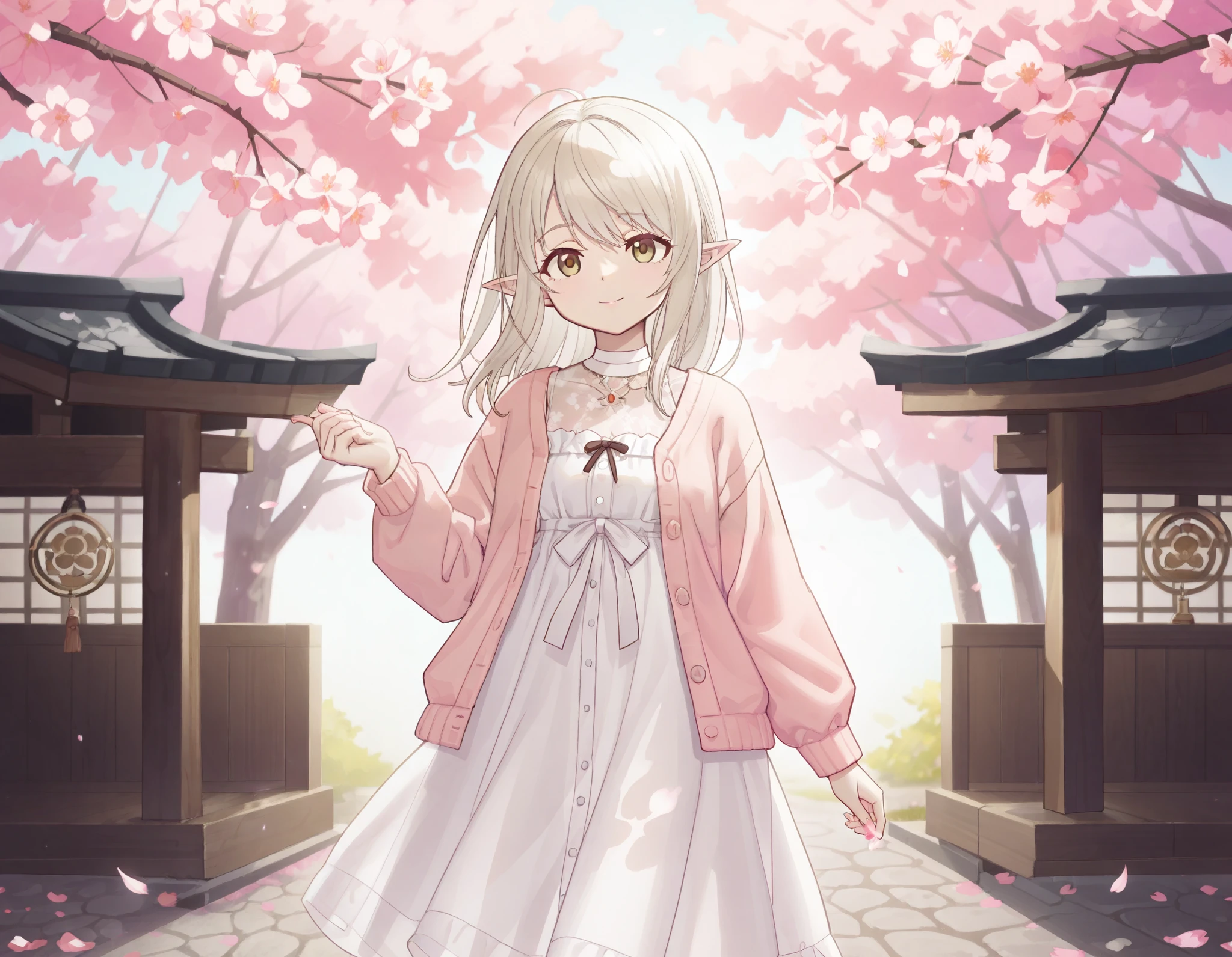 ((best quality)), ((masterpiece)), (detailed face and eyes), perfect face, accurate, textured skin, high details, highres, A serene Japanese spring scene set in a quiet, ancient temple in Kyoto. The temple grounds are peaceful and empty, with traditional wooden structures and stone pathways surrounded by cherry blossoms in full bloom. A gentle breeze stirs the air, sending delicate pink petals drifting through the scene. A young woman walks alone through the temple grounds, gazing up at the sky with a tranquil expression. She wears an elegant spring outfit—a light pastel dress, a soft cardigan, and delicate accessories that reflect the season’s warmth. The sunlight filters through the cherry trees, casting dappled light onto the stone path, enhancing the sense of calm and beauty, elf, pointy ears