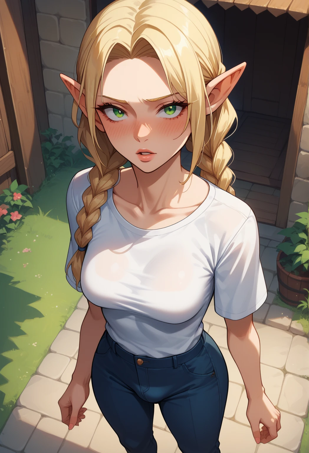 cutesexyrobutts style, 1girl, princess_zelda, pointy_ears, blonde_hair, long_hair, solo, smile, breasts, braid, pants, black_pants, hair_ornament, white_background, green_eyes, shirt, hairclip, crown_braid, looking_to_the_side, simple_background, blush, medium_breasts, bangs, long_sleeves, blue_shirt, looking_away, belt, cowboy_shot, parted_lips, sidelocks, thick_eyebrows, grin