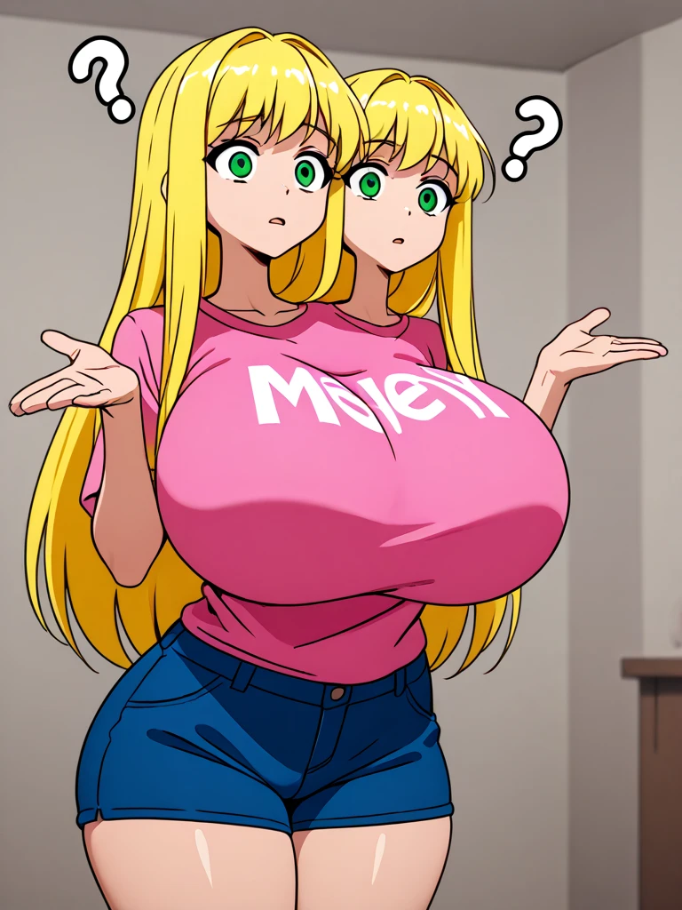 2heads, a short chubby woman with 2 heads. She has enormous breasts. She has messy hair. She looks nerdy. She is wearing a baggy hoodie and jeans. She is in an arcade that is only lit by arcade games. She looks excited. Her breasts are gigantic. She has firm and round breasts. She is wearing a very tight t-shirt with a low-cut neckline.