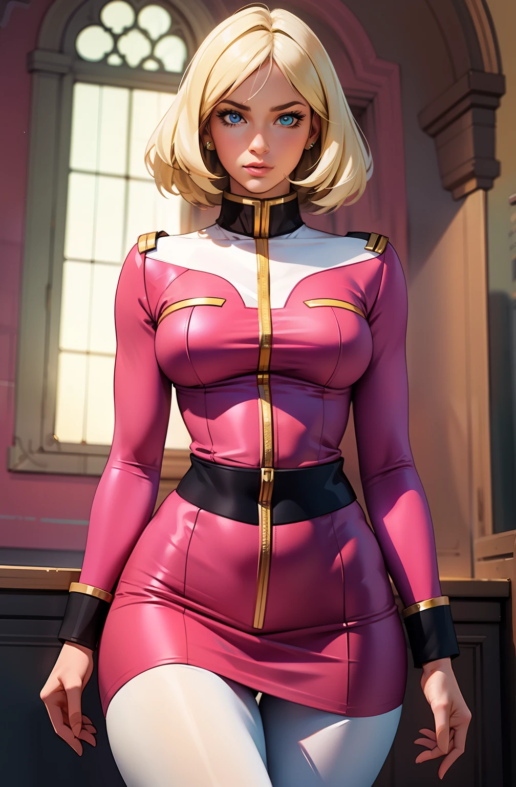 ((masterpiece)), ((cinematic lighting)), realistic photo、Real Images、Top image quality、1girl in, sayla mass, Elegant, masterpiece, Convoluted, slim arms, wide hips, thick thighs, thigh gaps, Best Quality, absurderes, high face detail, Perfect eyes, mature, Cowboy Shot, , Vibrant colors, soft pink uniform, soft pink Skirt, white tights, side view, looking at viewer