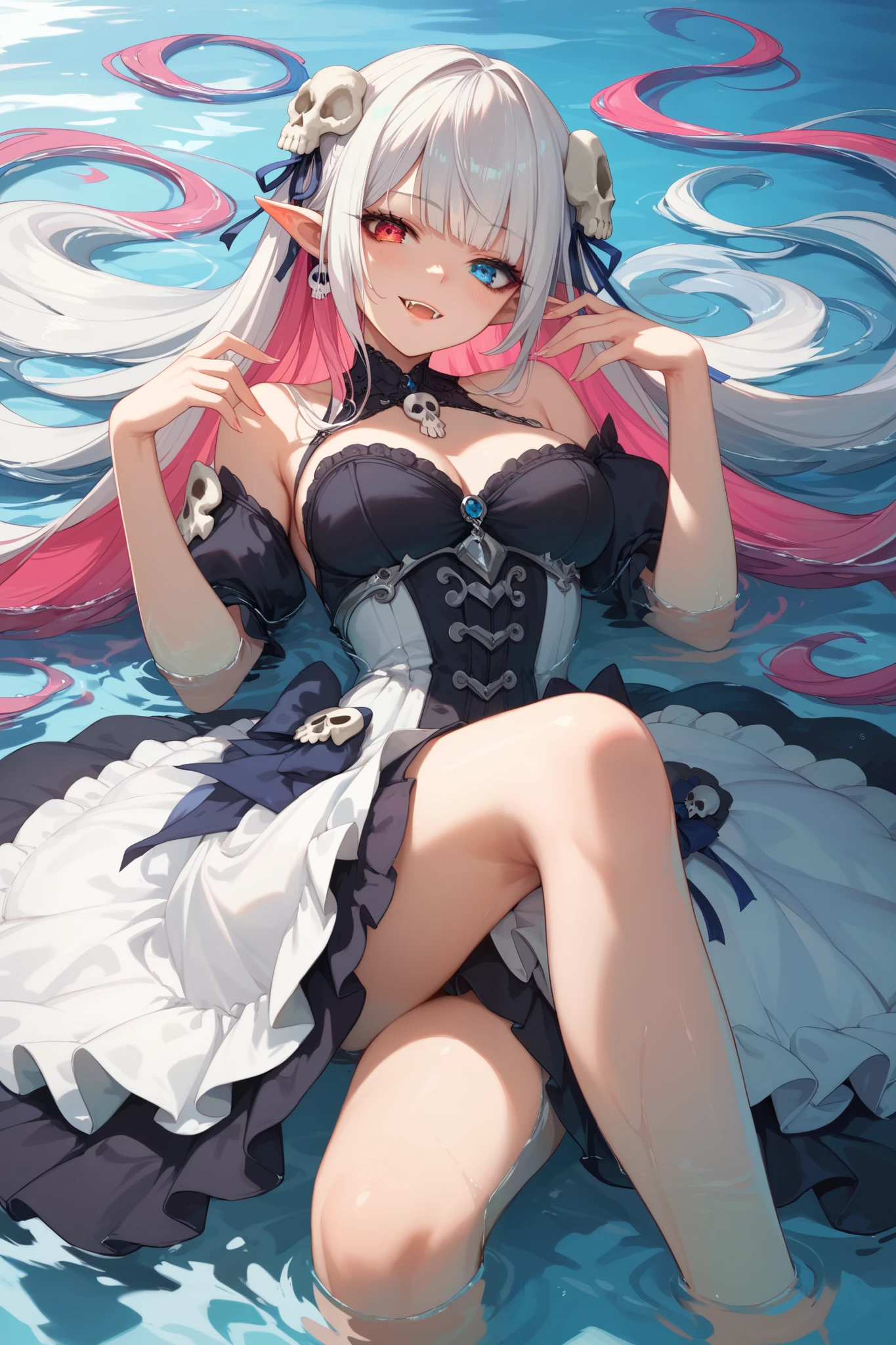 1girl, Anatomically Correct, Best
Quality, Detail, High Details, Quality, High Quality, Super
Detailed, Absurdly Long Hair, Multicolored Hair, Breasts,
Pointy Ears, Fangs, Makeup, Heterochromia,
Multicolored Eyes, Empty Eyes,
Light Blush, Skull Hair Ornament, Anime Style, Anime, Laying in water, dress flowing