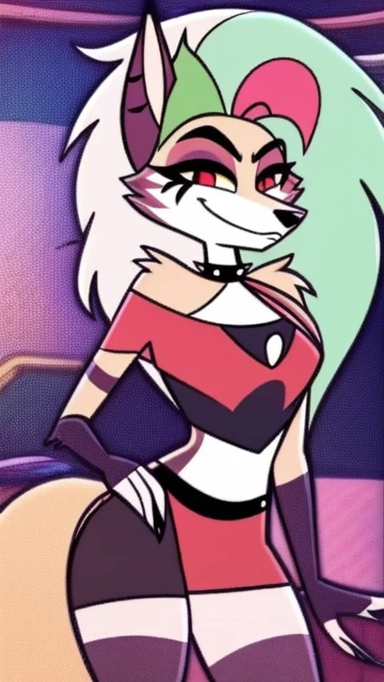 1girl, solo, red eyes, Loona, Loona \(Helluva Boss\), Anthro, furry, smug look on face, medium breasts, cleavage, thigh highs, fingerless gloves, Shorts, Crop top