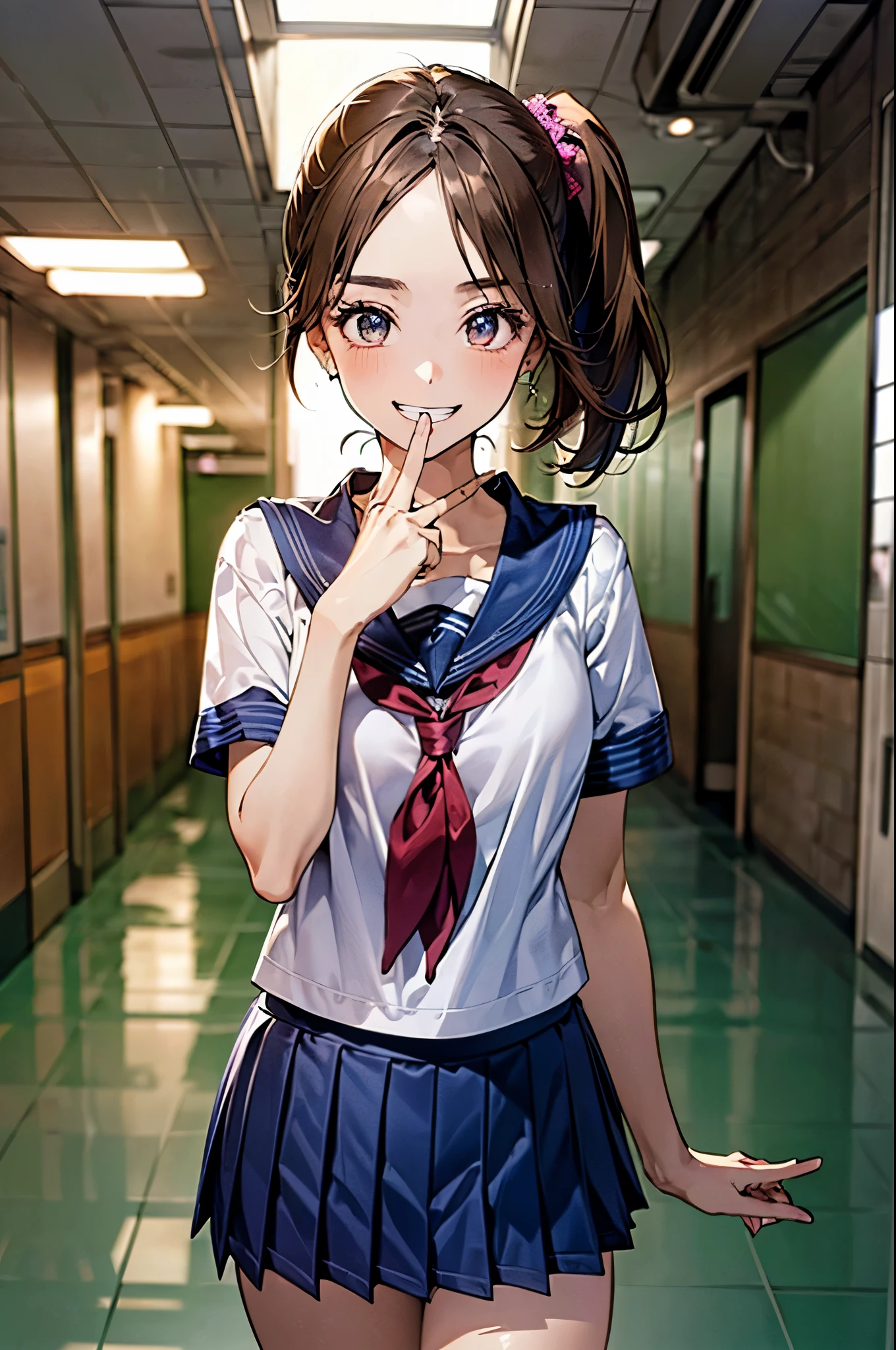 (((jojo pose, jonathan pose))), , hand up, (hand over face), spread legs, front view:0.6, , looking at viewer,
(masterpiece:1.3, top-quality, ultra high res, ultra detailed), (realistic, photorealistic:1.3), beautiful illustration, perfect lighting, natural lighting, colorful, depth of fields, 2025s, ,
beautiful detailed hair, beautiful detailed face, beautiful detailed eyes, (perfect anatomy, anatomically correct, super detailed skin), shiny skin,
1 girl, high school girl, cute and symmetrical face, perfect face, perfect eyes, perfect body, perfect fingers, babyface, cute face:1.2, tiny,
(middle hair, side ponytail, light brown hair), ((hair pulled back:1.2, forehead)), brown eyes, big eyes, long eye lasher, (medium breasts, seductive thighs), slender, skin dentation,
(detailed cloth texture), break ((short sleeve sailor uniform, , navy blue sailor collar:1.2, navy blue pleated micro mini skirt)), break ((dark blue sailor scarf)), break
(beautiful scenery), summer, evening, detailed background, (school hallway:1.5), (grin),
