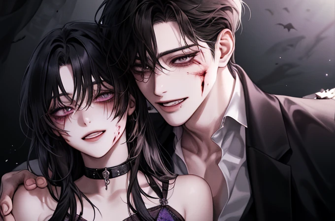 Vampire boys,suit male,The boy showed his fangs,Purple dress girl,The girl was afraid of the expression,The girl clasped her hands