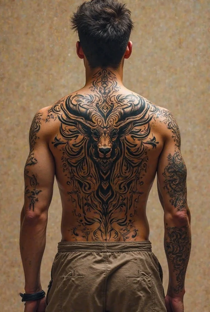 Create an Aries sign tattoo that will go on the back, incredible and innovative, smaller, in black and white for a man, more abstract and street style.