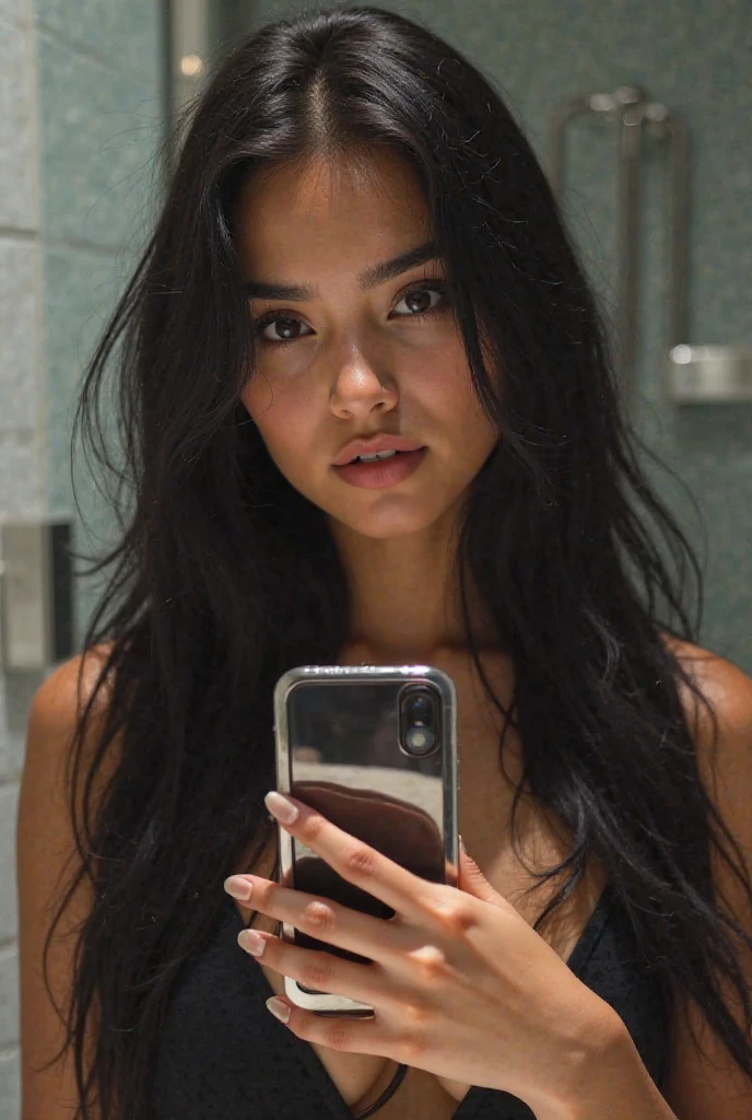(photorealism:1.2), indian girl, brown body, long black straight hair, teen body, topless, breasts hidden by hair, taking mirror selfie, sides of mirror not visible, iphone, phone covers face and eyes, phone vertical, front facing, full body shot, standing confidently, black wardrobe in the background, wardrobe covers the whole background, wardrobe door closed, wardrobe kept parallel to mirror, sides of mirror hidden, lights out in room, very dim spotlight from top, spotlight hidden, loose white laced panty, maroon tshirt thrown on one hand