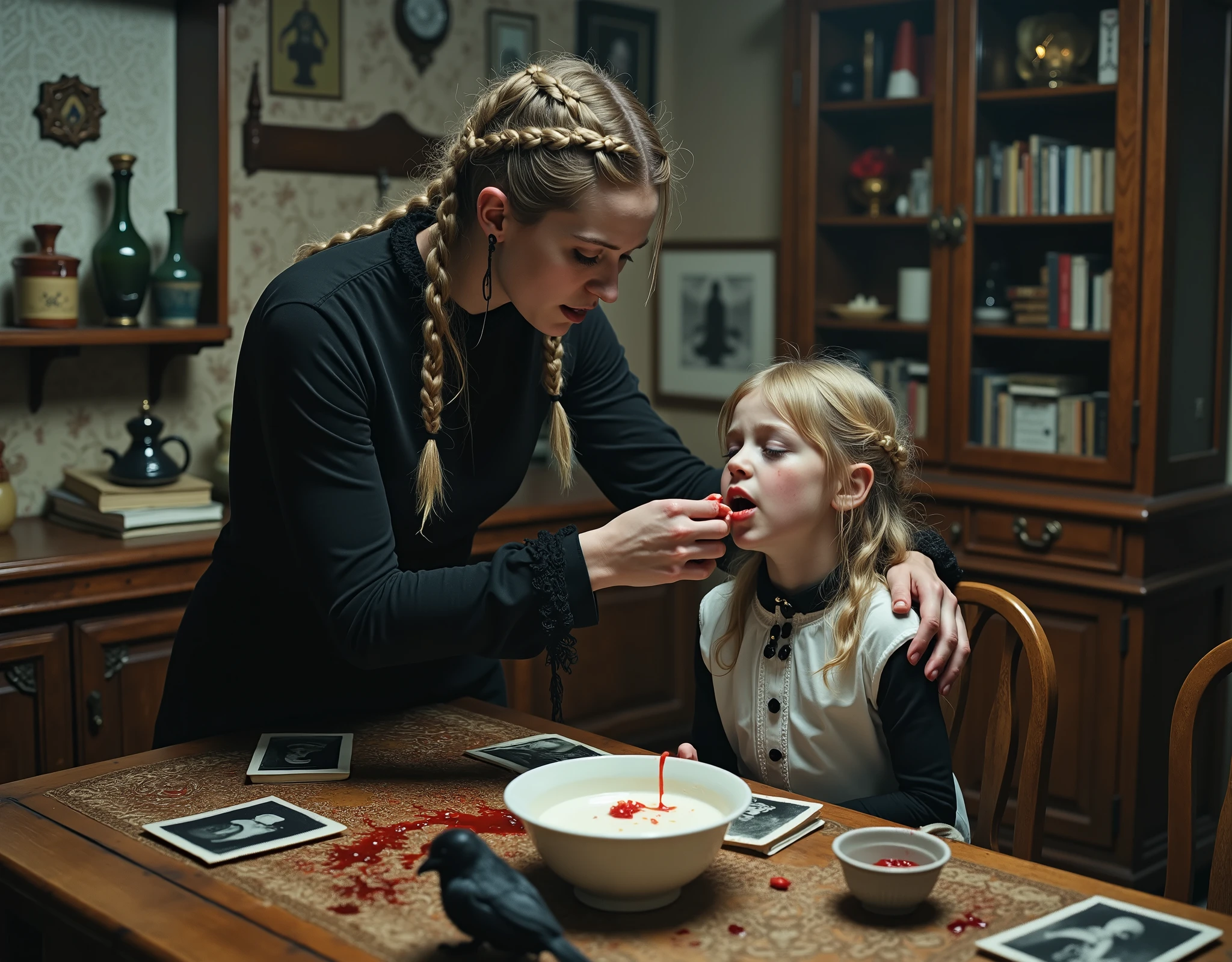 Swedish woman and a girl she is babysitting, at a kitchen table, traditional furnishings, woman is feeding the girl thick vanilla yogurt, with her fingers and hands, the yogurt is poring down the girl's chin and onto her blouse, girl is in a trance, the mood is strange, ritual like, folk horror, woman is wearing black clothing, erotic, blonde hair, braids, occults objects and books on the table, candles, some erotic photographs strewn over the table-top, detailed, intricate, vivid and lurid colors, fumetto aesthetic, volumetric lighting, cinematic lighting, dead crow and some blood