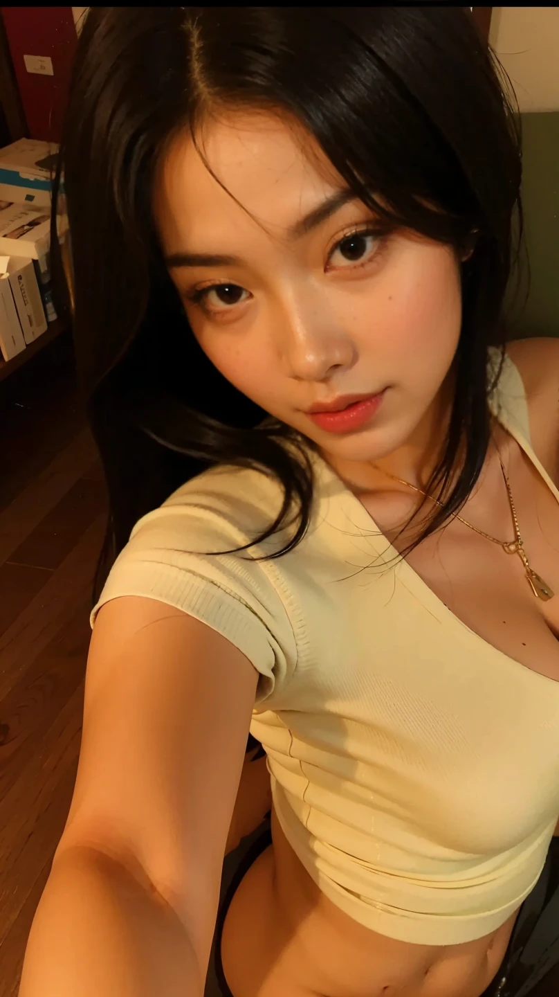 Ultra HD, masterpiece, highest resolution, highest detail, chiaroscuro, a young and beautiful woman, black hair, beautiful eyes, long eyelashes, human eye perspective, wearing a cream white top, red shorts, sitting on the sofa