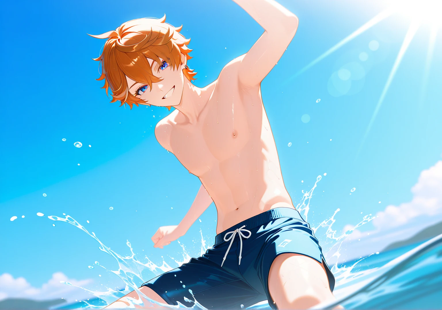 there is a man that is standing on the beach with a surfboard, shirtless :: high detail, anime handsome man, beautiful handsome body, shirtless, handsome stunning realistic, prefect body, handsome male, attractive male, realistic shaded perfect body, perfectly shaded body, mid-shot of a hunky, handsome anime pose, tanned body, lean man with light tan skin