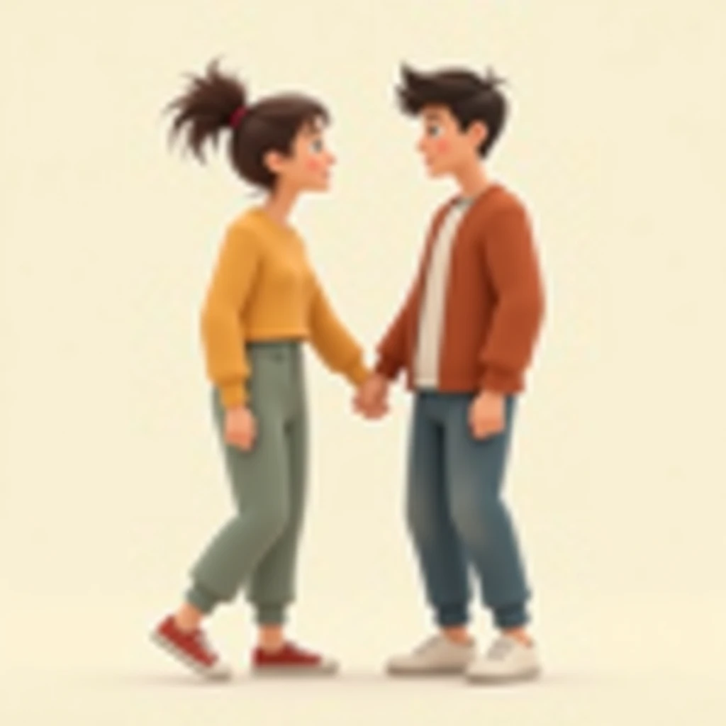 a woman and a man with the same style holding hands, where only the clothes of both of them stand out like sweatpants, pants and sneakers,  It has to be animated 
