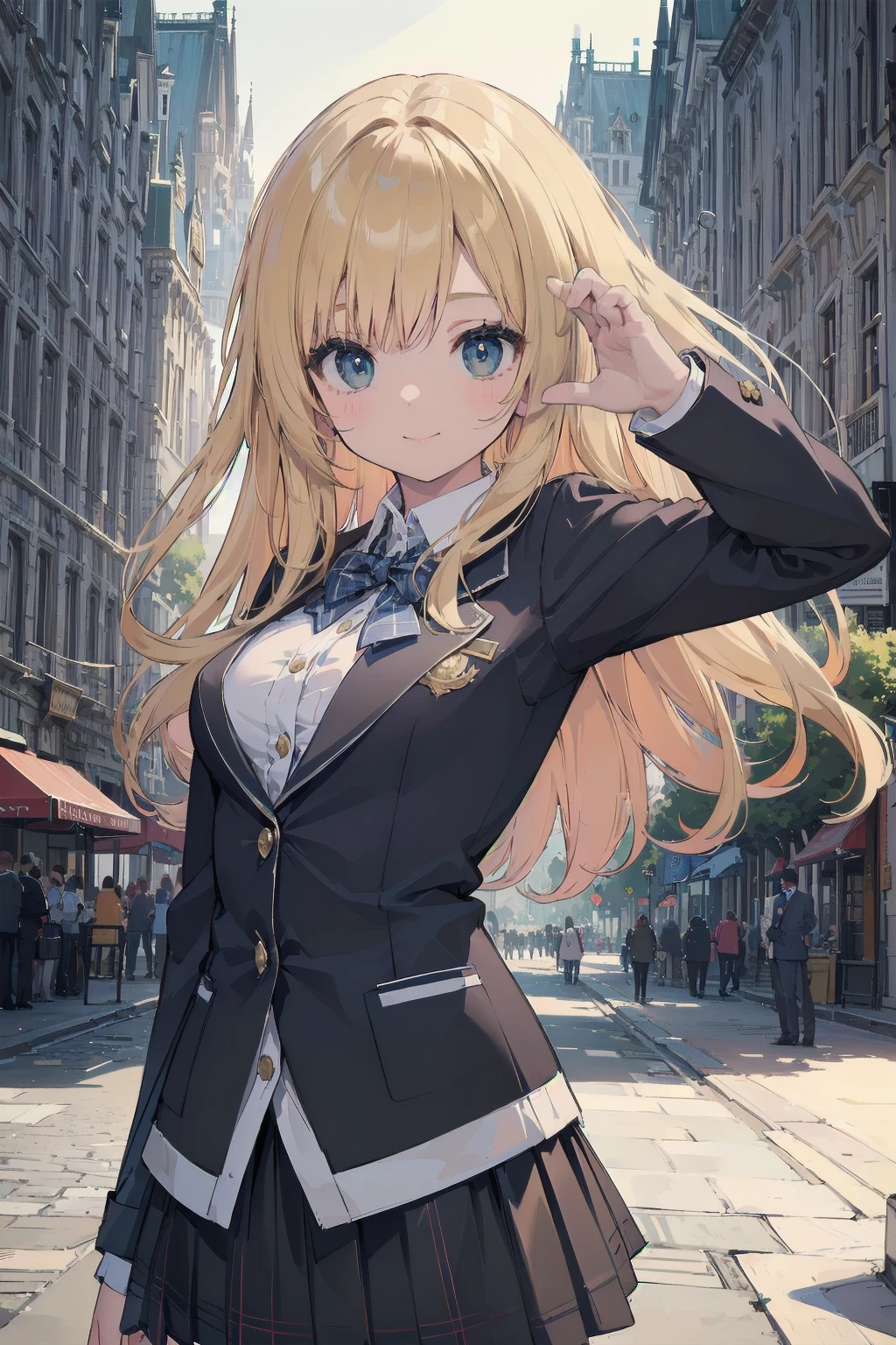 (Absurdity: 1.4), (Superb quality work by the Creator God: 1.4), (Absolute resolution: 1.4), (Highest masterpiece by the God of Arts and Sciences: 1.4), Surrealistic work, (Complex, meticulously detailed and realistic materials and textures and light sources: 1.3), (Perfect anatomy: 1.2), (Overwhelmingly ridiculous absurdity in the creation of the universe (1.3),
BREAK.
(((cute)):1.3), illustration featuring a girl. She is wearing a uniform from a well-known school where blazers are popular, with a deep gray blazer, white piping, and a fresh blue checked skirt. She is drawn to evoke realistic fabrics and textures, and the buttons and ribbons on her blazer and the pleats on her skirt are ultra-detailed. She smiles and waves to the viewer.
BREAK
(depth of field: 1.4), looking at the viewer, ((perfect pixels, 8K wallpaper)), one girl, single, alone, reincarnated appearance of Aphrodite, goddess of beauty, immensely beautiful, born actress genius,
BREAK
Aphrodite's reincarnated appearance as a goddess of beauty, immense beauty, BREAK, super exquisite skin, (best lighting by a famous artist: 1.2), (charming poses acting instruction by a very famous master: 1.4), cute illustrations.
BREAK
The most beautiful square in the world, (Grand-Place: 1.3), (Photo session of beautiful girls in a world heritage square: 1.15), Bold composition, (Poses that captivate viewers: 1.2), Dazed background