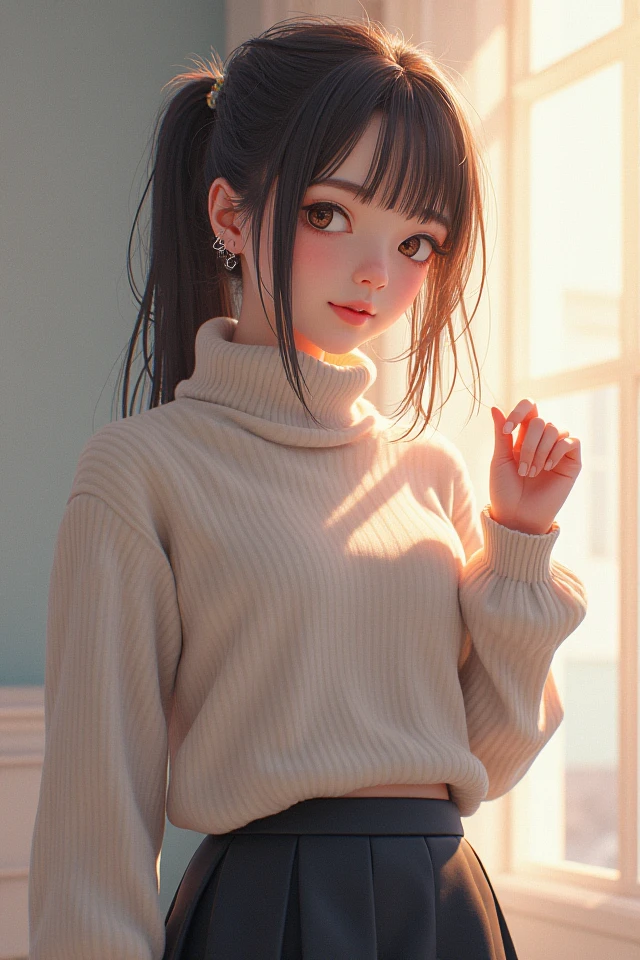 One Woman, alone, alone Focus, Cowboy Shot, Portraiture,Beaver,((Black Hair)), Braiding, Very beautiful eyes, work, White knit, (Small TI quality, Very detailed,uniform,Touched by many men