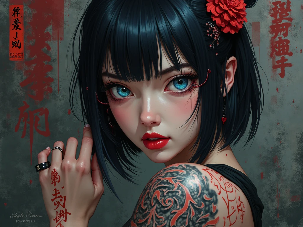 

Watercolor painting without outlines, delicate watercolor painting that seems about to crumble. Yoshiwara, red-light district, courtesan, tattoos, slender, 16 years old, watercolor painting, vibrant saturation, omitting outlines, numerous tattoos, full back tattoo, thigh tattoos, sad expression, unfortunate, red eyes, lowered gaze, plump cheeks, innocent, girl, Japanese, 170 centimeters tall, 25 kilograms in weight, fair skin.Wooden Architecture: Brothel buildings were constructed using wood and incorporated traditional Japanese architectural styles. Roofs were commonly covered with tiles, and they featured the traditional roof shapes of Japan.  Grand Entrances: The entrances of these buildings were elaborately decorated, often adorned with lavish embellishments. Lanterns and banners were used to attract attention to the establishment.  Lattice Doors and Shoji Screens: Windows and doors were fitted with lattice doors and shoji screens, making it difficult to see inside from outside. This design ensured privacy and discretion.  Interior Design: The interiors of the buildings were opulently adorned. The individual rooms for clients were partitioned with tatami-covered floors and shoji screens, featuring a characteristic Japanese-style decor.  Gardens: Some brothels included small gardens where clients and courtesans could enjoy peaceful moments together.  Signs and Curtains: Signs and curtains with the brothel's name and business information were hung outside the building. These helped passersby and customers identify the establishment.  Please note that the historical context and cultural practices surrounding brothels have evolved over time, and the translation provided is based on the provided information.Blood puddle - Horror - Tatami mat soaked in blood stains - Night - Sorrowful expression - Lowered gaze - Pale-colored eyes."Grisly with Blood - Ukiyo-e - Blood - Tattoo - Woman with Tattoos - Full-body Tattoos - Yokai - Horror - Scary - Eerie - Creepy - Fear."s
