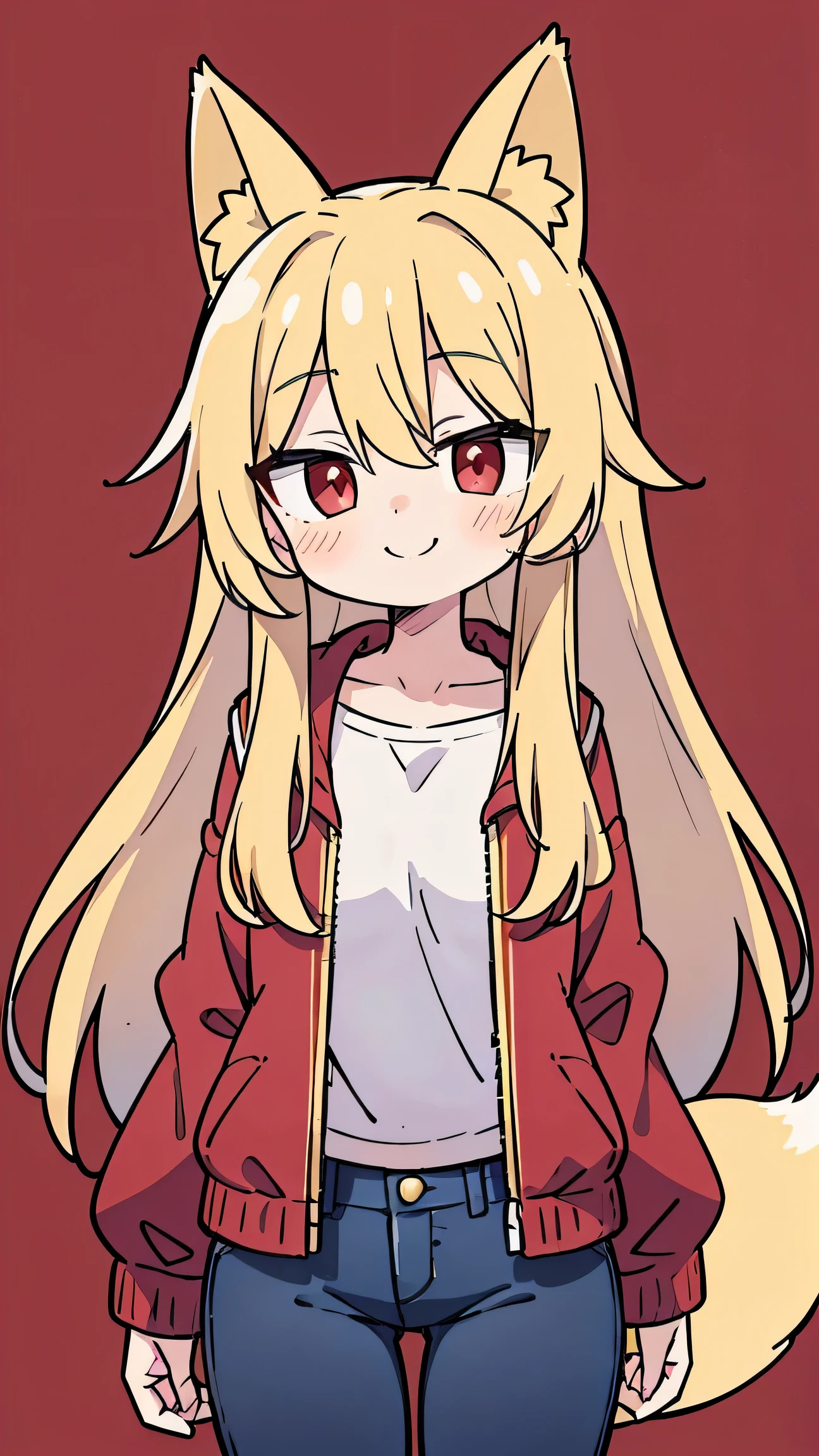 anime style、 cute face、 woman、 fox ears、Gold Hair、long hair、tail、 red eyes、red jacket、jeans for 1 person、simple background、smile、profiles