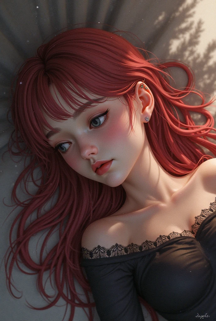 realisticlying、Two 45-year-old girls、T-shirt wearing,Face enhancement,Chest super large zoom,Cleavage emphasis,Looking up from the bottom,Blushing,Red lips,A sexy,Bed sit,Open your mouth widewhite hair, freckles, lipgloss, lip focus,