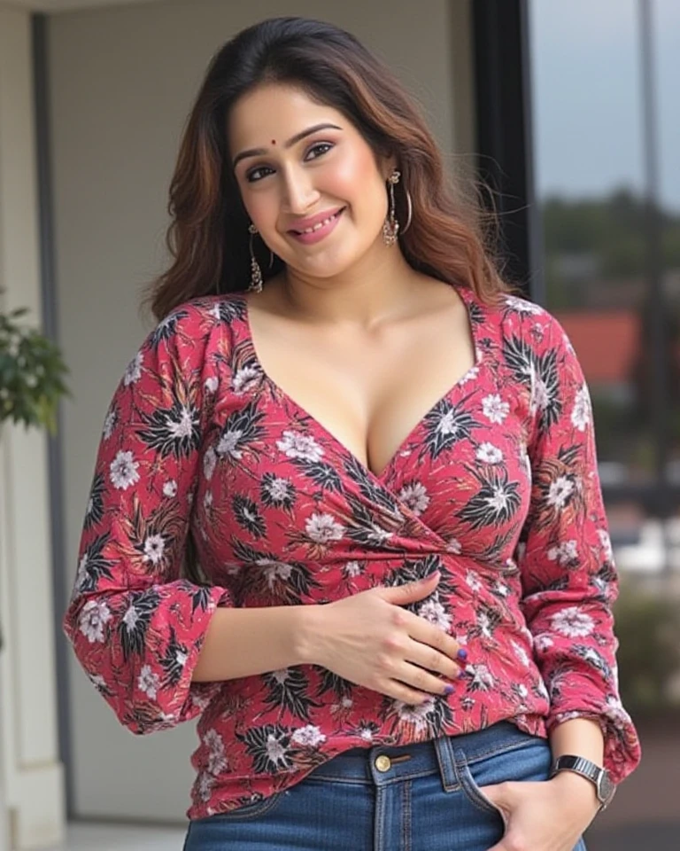 , solo, long hair, curly hair, looking at viewer, smile, makeup, blonde hair, brown eyes, teeth, grin, lips, portrait, realistic, professional Photography, Photorealistic, detailed eyes, RAW, analog, sharp focus, 8k, HD, DSLR, sexy sadi choli (huge breasts:1.4), (extremely unnatural big oversized huge tits:1.4), (big cleavage:1.4), thick thighs, large ass, wide hips, curvy, busty, (crowded Jhuki Hui Piche dekhna