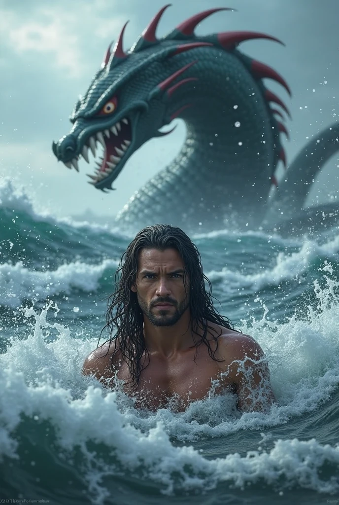 "Create a 3D rendering of a man without a shirt, eating an unusual, fantastical creature. The scene should be set against a dramatic ocean background, with the man positioned in a way that emphasizes the surreal and exotic nature of the creature and the environment. The ocean should be turbulent or striking, enhancing the overall atmosphere of the image."