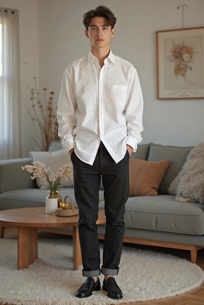 Janis Ancens, preppy haircut, classic pants, t-shirt and pants, elegant watch, smile, filming on camera, full view