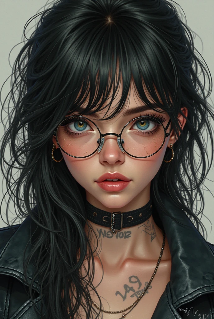 Create my ideal type, high, long wavy hair, glasses, at 1, Marked body 

