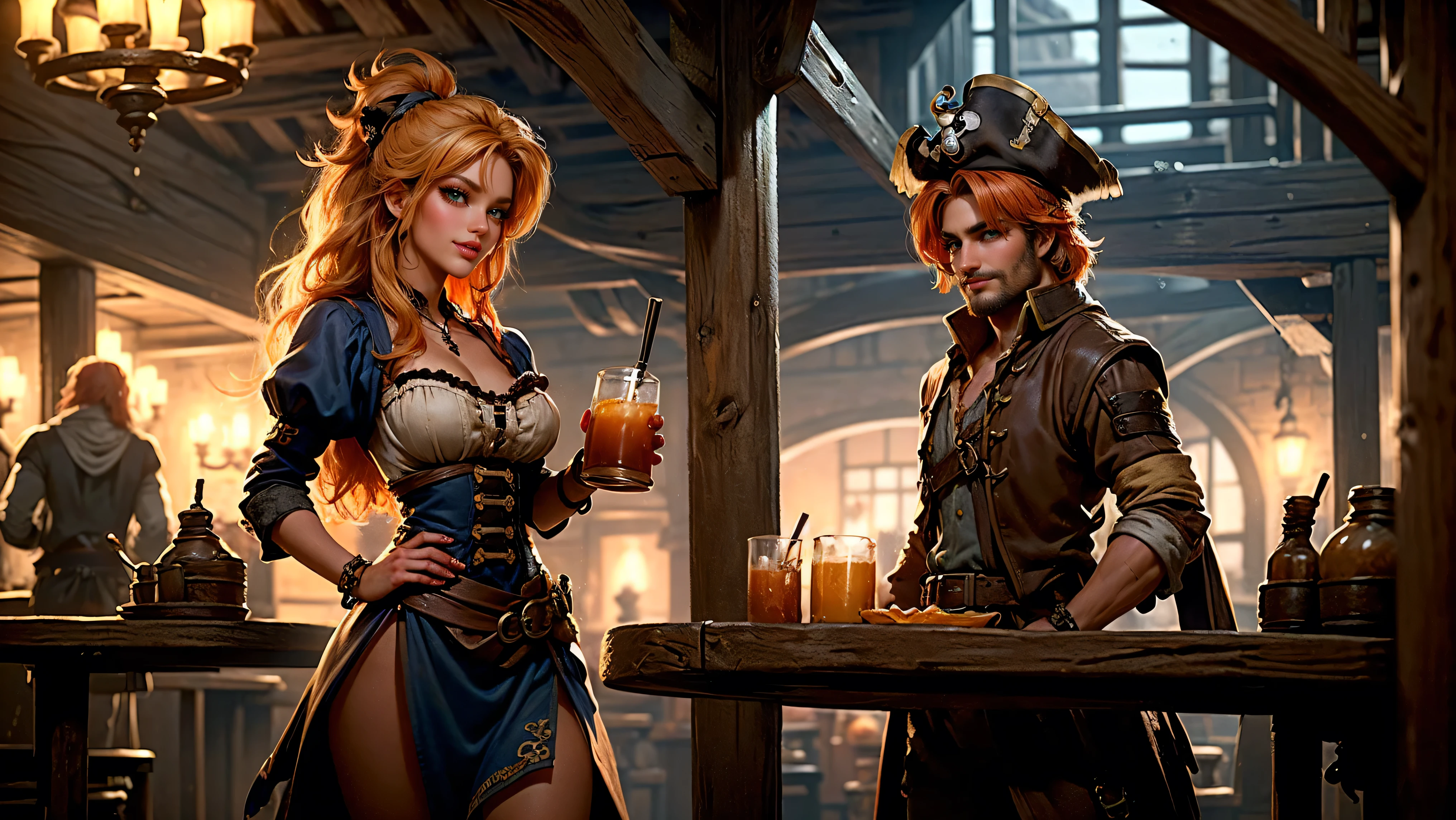 ((tavern and brothel filled with men)), ((1 redheaded tavern wench serving drinks to old pirates)), ((messy hair, orange hair)), ((1 serving girl)), ((solo girl)), ((ager)), (()), ((littlegirl)), ((Smiling)), ((little)), ((dark tan skin)), ((cute girl)), ((she is serving the pirates)), ((pirates are lusting after the girl)), ((pirates are large burly men)), ((pirates have dark hair)), ((men have blonde hair)), ((men wearing pirate cloths)), ((unshaven pirates)), ((she walks to the tables carrying tankards)), ((the men can't help but stare at her beauty as she walks by)), old tavern, pirate tavern, pirates holding and drinking tankards of ale,