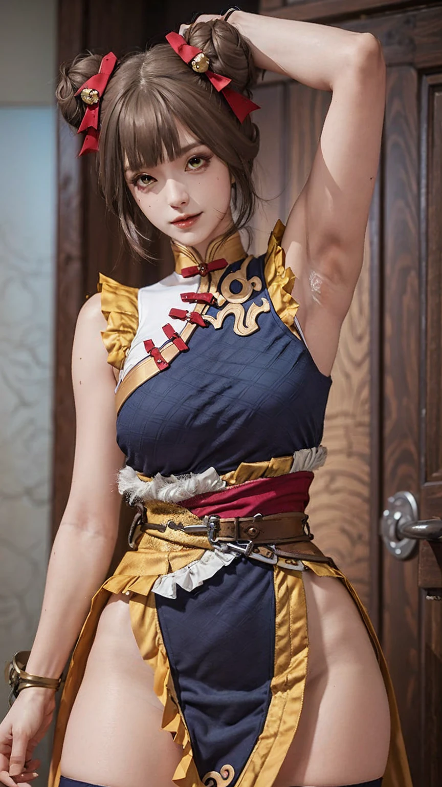 (Highest quality, 8K, masterpiece:1.2), Reality:1.4, One girl,alone, Black Hair, (Beautiful breasts, Underbust), (Small beautiful butt:1.3, Thin thighs:1.3), Have, Light_smile, (Ofuda), (China dress), Arms crossed, whole body, Outdoor, Hanging lanterns, night, Higashi Setuna, ((Detailed eyes and face:1.2, Professional photography techniques)), ((Baby-faced beautiful girl, Cute face)), (Detailed hands and arms:1.2)