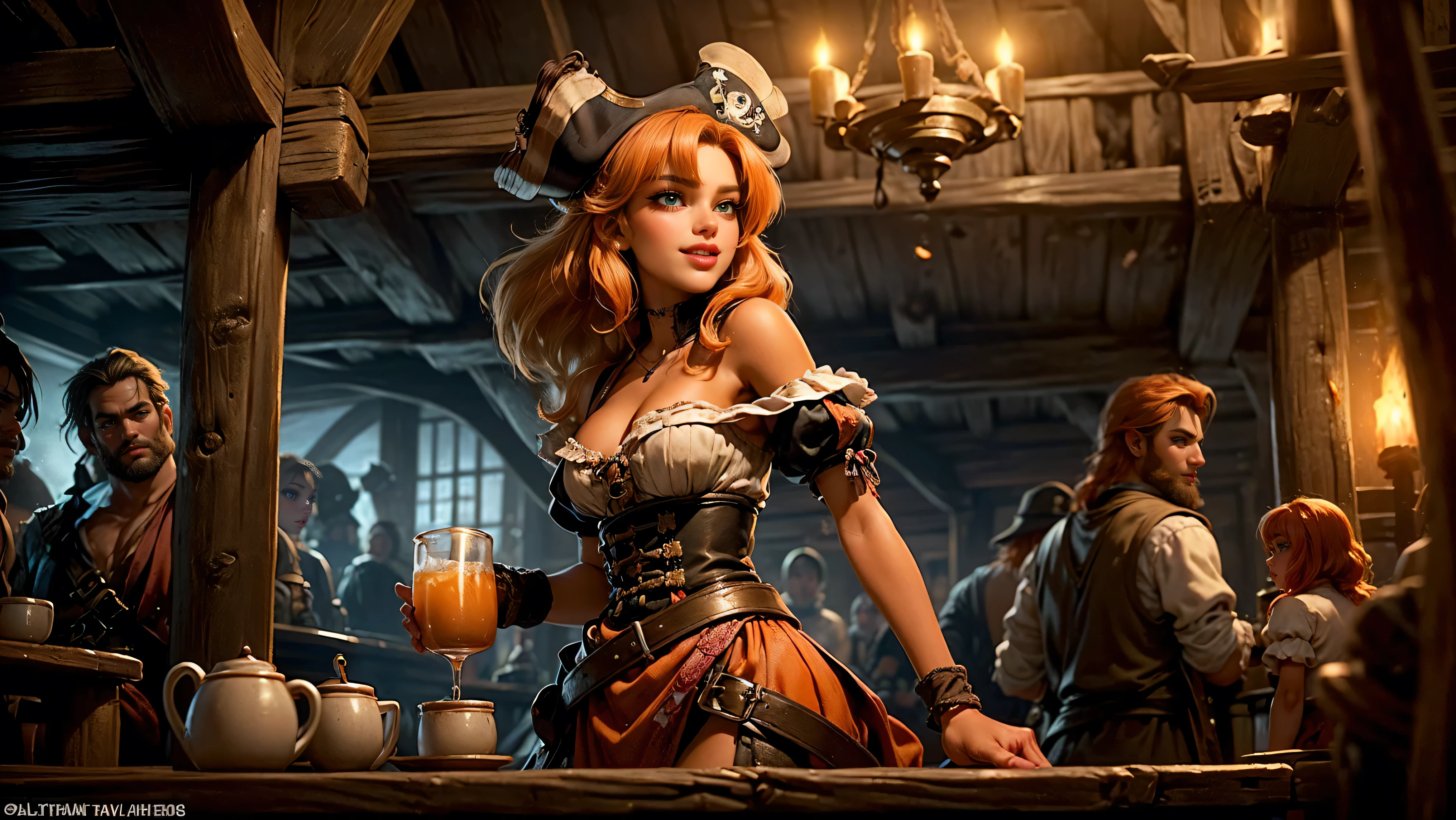  ((tavern and brothel filled with men)), ((1 redheaded tavern wench serving drinks to old pirates)), ((messy hair, orange hair)), ((1 serving girl)), ((solo girl)), ((ager)), ((li)), ((lirl)), ((Smiling)), ((little)), ((dark tan skin)), ((cute girl)), ((she is serving the pirates)), ((pirates are lusting after the girl)), ((pirates are large burly men)), ((pirates have dark hair)), ((men have blonde hair)), ((men wearing pirate cloths)), ((unshaven pirates)), ((she walks to the tables carrying tankards)), ((the men can't help but stare at her beauty as she walks by)), old tavern, pirate tavern, pirates holding and drinking tankards of ale,