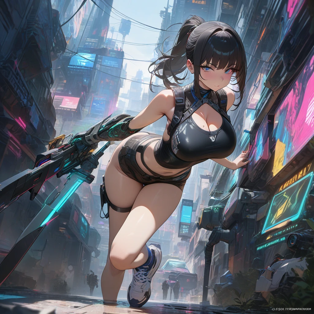 ((sensual girl)), ((face perfect)), ((perfectbody)), ((ultra detalhada)), ((fully body)), ((ultra realisitic)),, girl with goggles and a backpack walking up a ramp, shirt with neckline, sensual clothes, expressing surprise