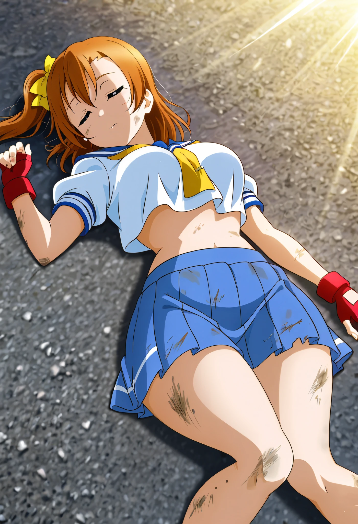 (8k, RAW photo, best quality, masterpiece:1.2), (ultra highres:1.0), detailed illustration, detailed, (realistic, photo-realistic:1.37), detailed beautiful skin, sailor moon, (1 girl: 1.2),(full body:1.2),(hand of Guido Daniele:1.2), slim body, cute, happy, long hair, long leg, cleavage,blue skirt,red bow,blue eyes,blond hair,twin tails,hair bun,hair ornament,blue sailor collar, red choker, red boots, high heels, sailor senshi uniform, white gloves,tiara,elbow gloves,pleated skirt,knee boots blue sky, beautiful sky, (scenery), lake, falling petals, falling leaves, cowboy shot, lying on the pier, (after sex:1.2), (torn clothes:1.2)