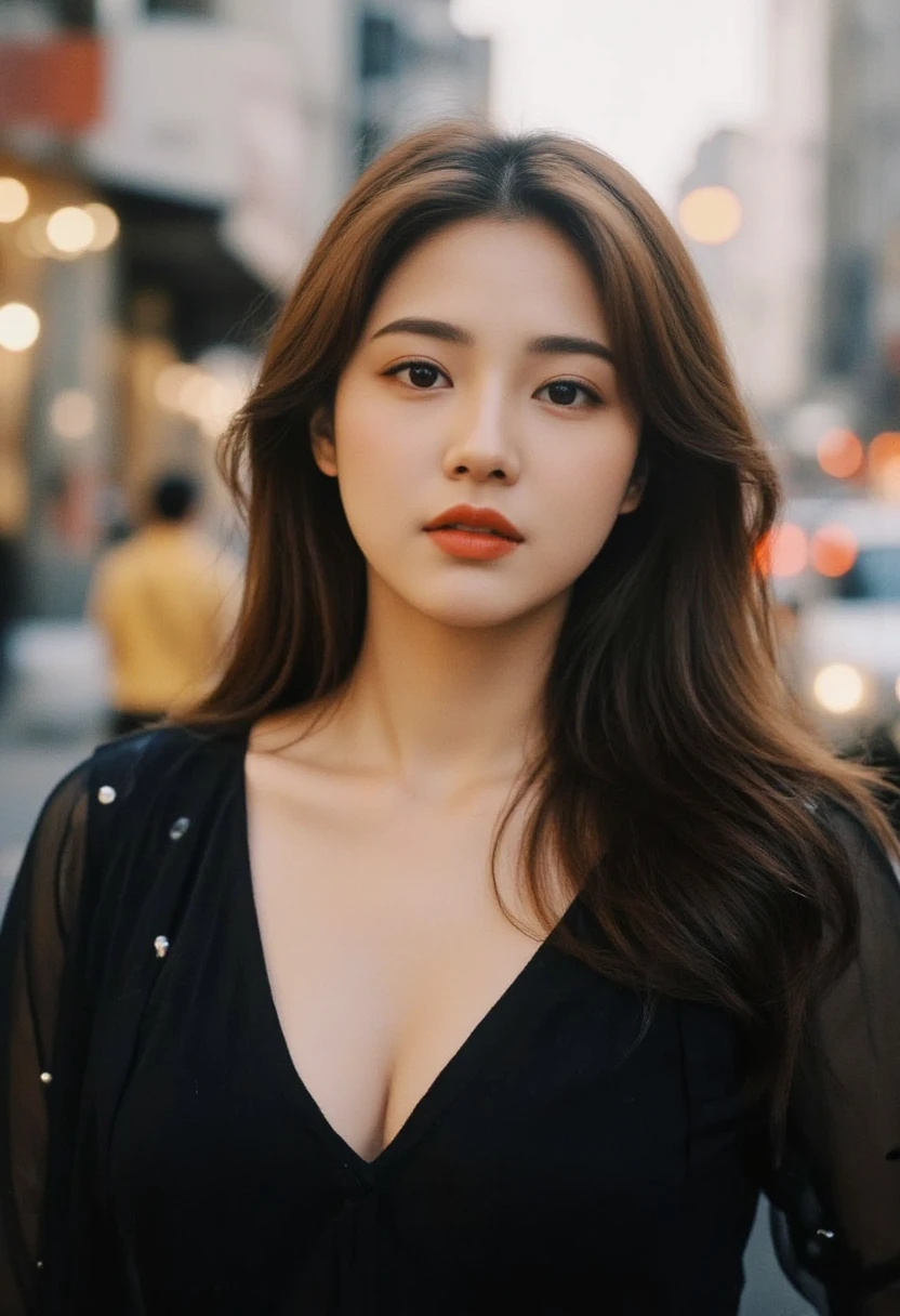 ((Realistic lighting, top quality, 8K, Masterpiece: 1.3)), Clear Focus: 1.2, 1 girl, Perfect Body Beauty: 1.4, Slim Abs: 1.1, ((Dark Brown Hair, Big: 1.3)), (Acceleration: 1.4), (Outdoor, Night: 1.1), Street, Slender Face, Narrow Eyes, Double Eyelids, Exposed Cleavage, Incredibly Ridiculous, Messy Hair, floating hair, long sleeve t-shirt, fashion model pose,