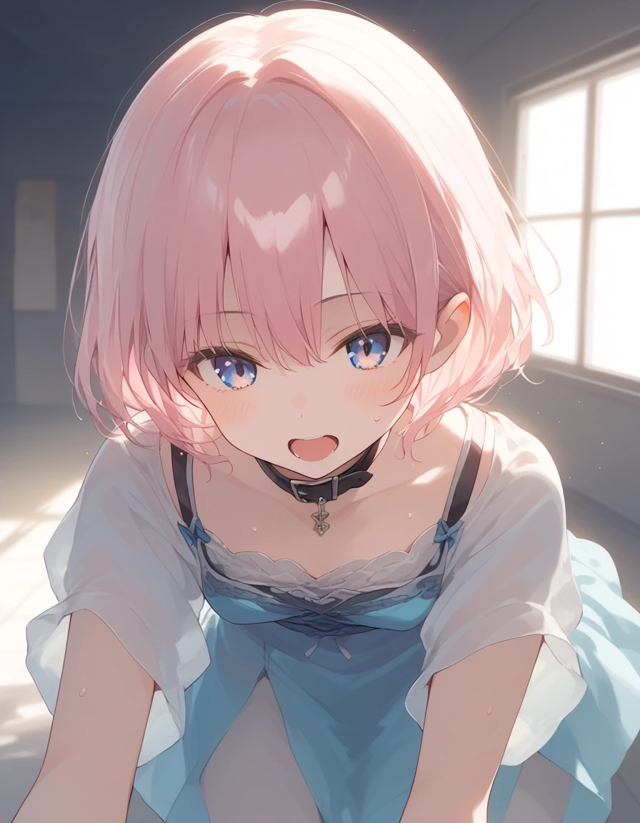 Lick the white microphone、Pink short bob hair、small flat chest、Two pretty girls are cheek to cheek、Sailor suit-style leotard with ruffles、White lace stockings、drooling、Looking at the camera、Looking down、Looking up、tears、red blush、Sweating all over the body、I'm glaring、Moles under the eyes